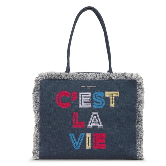 Karl lagerfeld margotzip canvas denim fringe tote